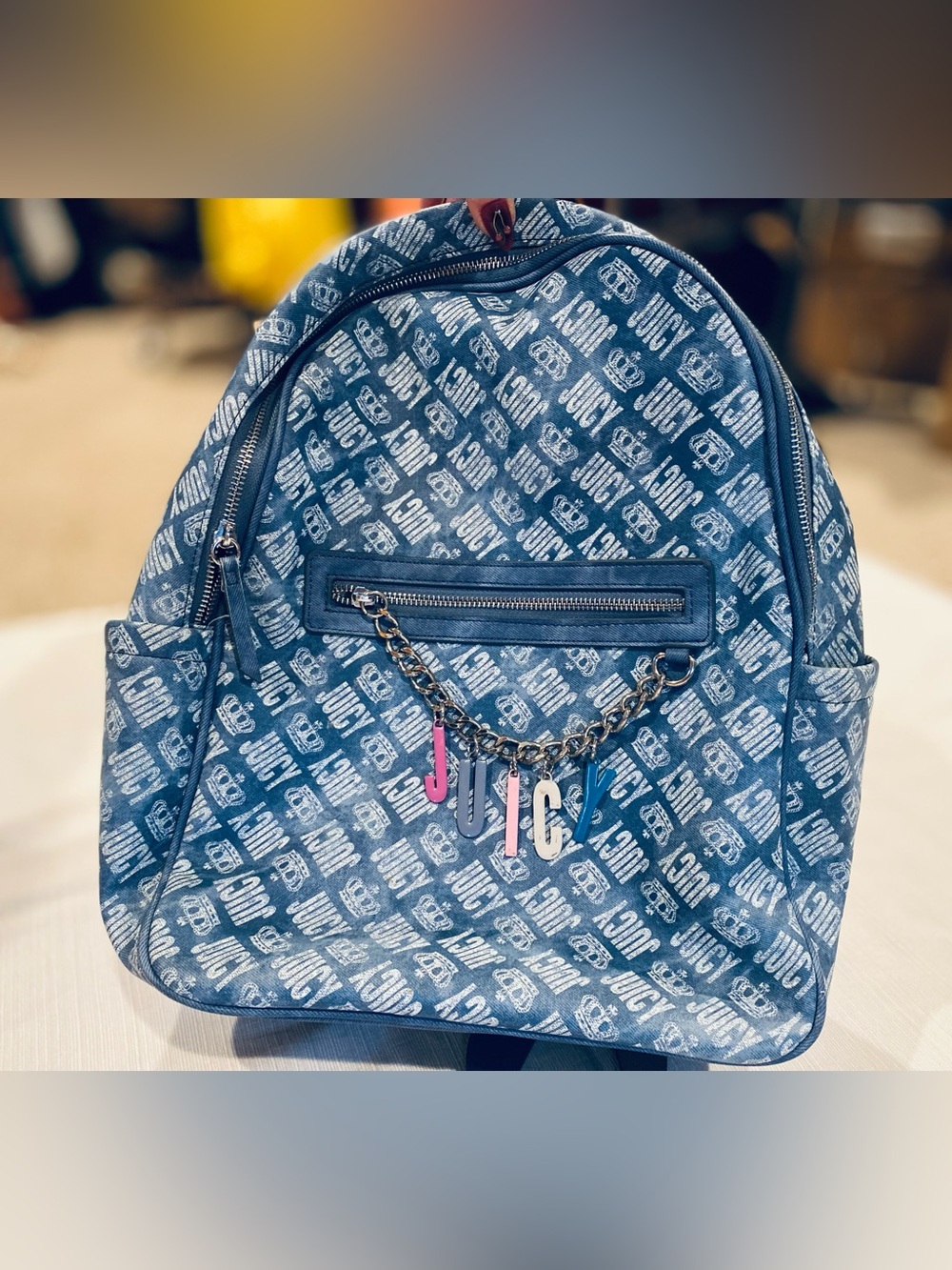 Juicy Couture Blue Denim-Print Backpack with Letter Charm